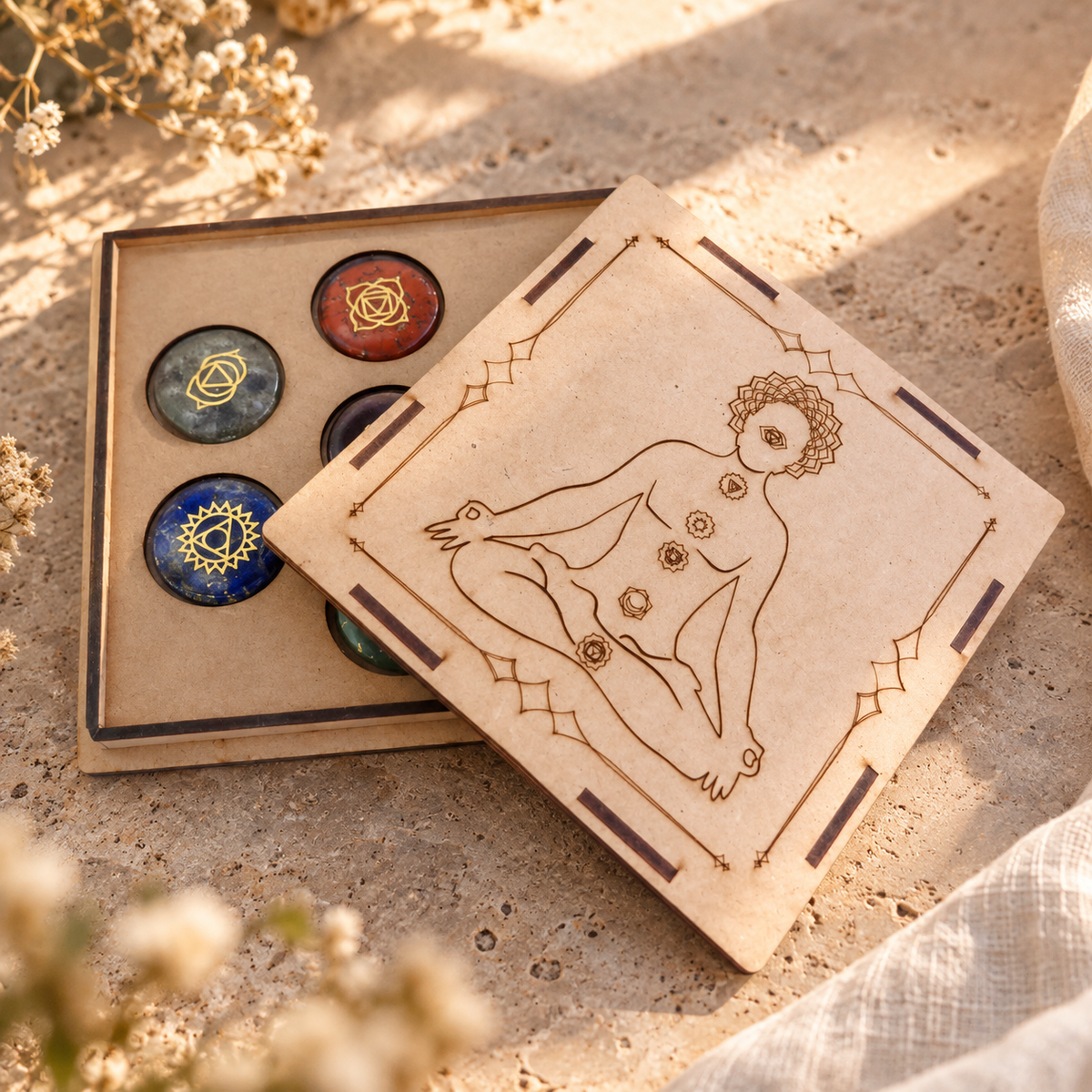 Kit 7 Chakras + Cajita de Madera Grabada con Despertar del Ser