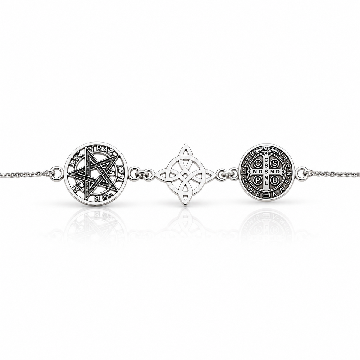 Pulsera Triple Protectora S925: Nudo de Bruja, Tetragramatón y San Benito