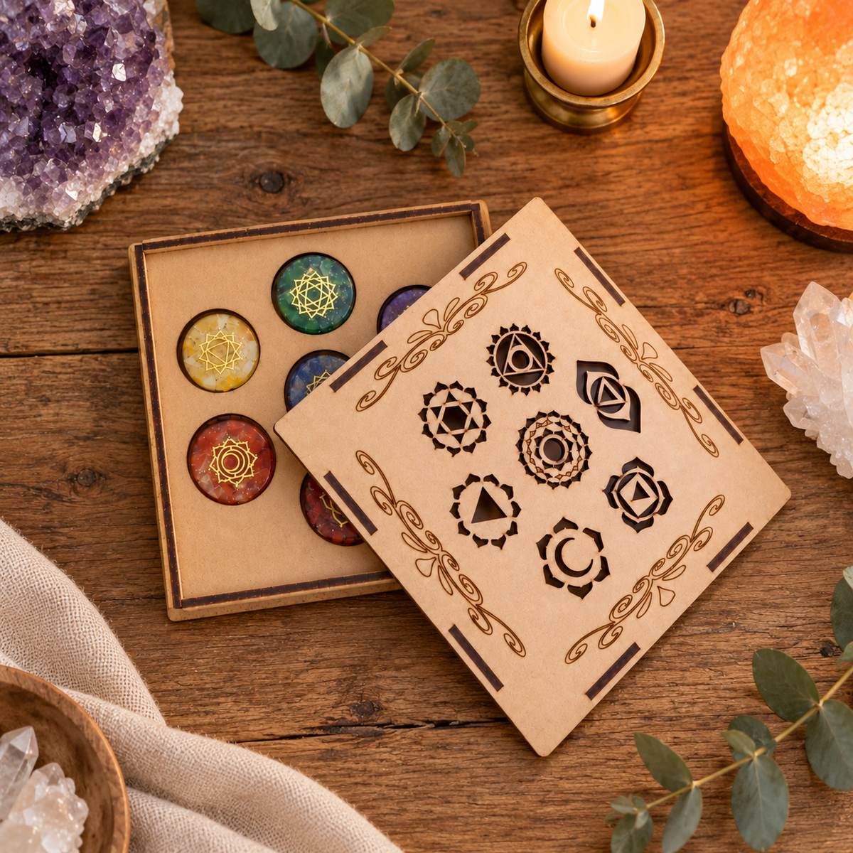 Kit 7 Chakras + Cajita de Madera Grabada con Símbolos