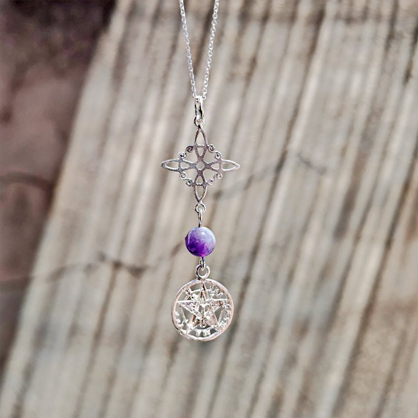 Colgante Nudo de Bruja & Tetragramaton con Bola Amatista S925 - Mystical Tienda