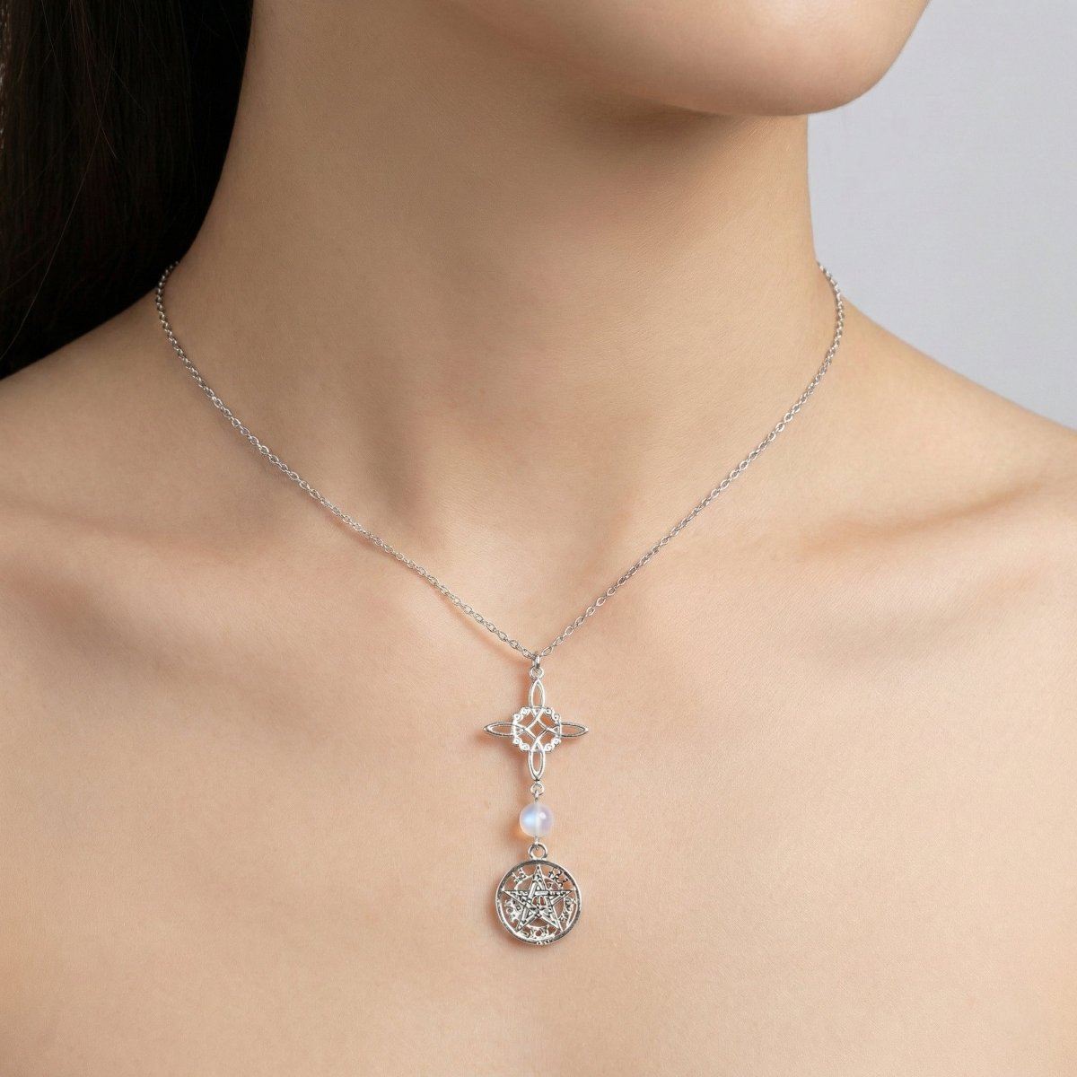 Colgante Nudo de Bruja & Tetragramaton con Piedra de Luna - S925 - Mystical Tienda