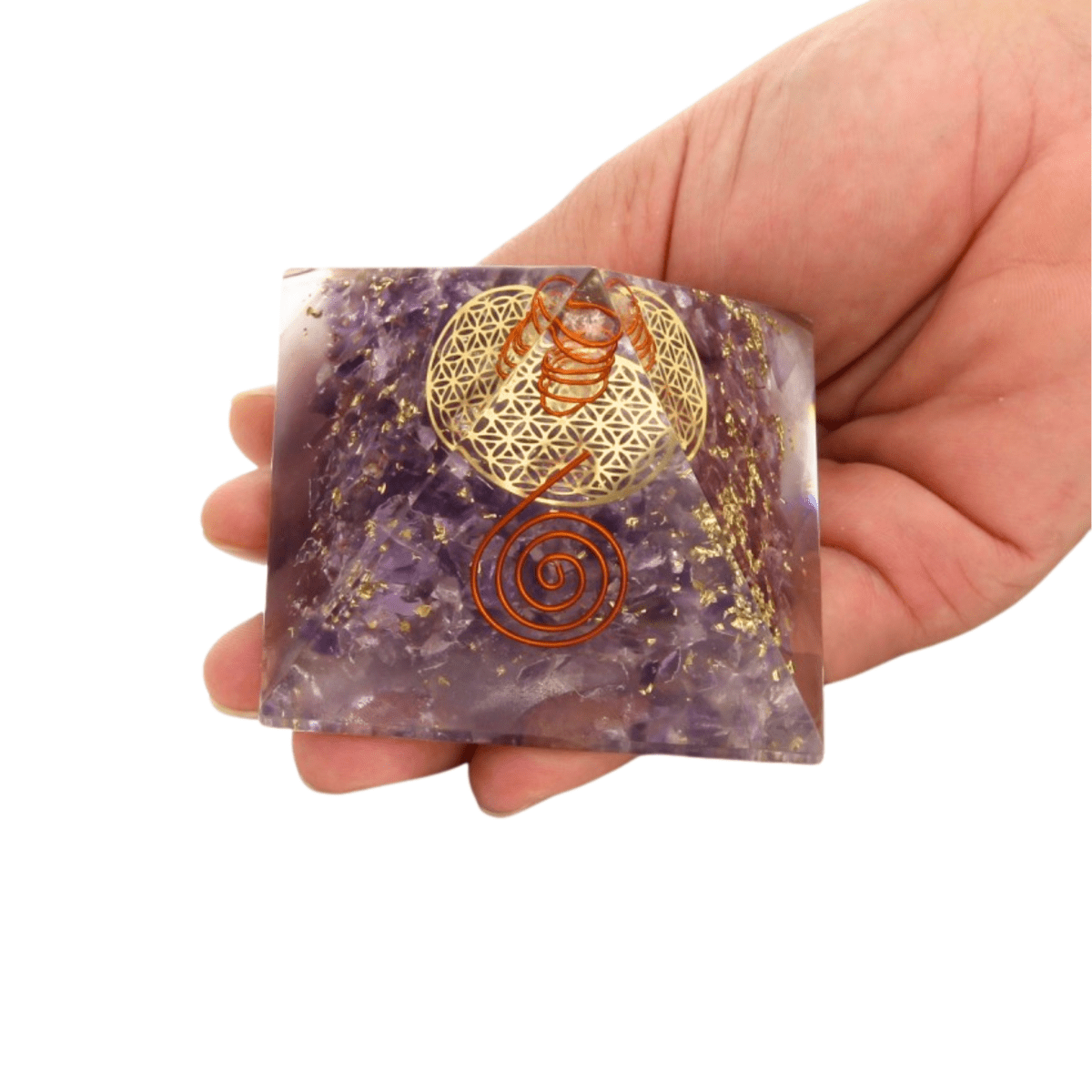 Pirámide Orgonita 'Flor de la Vida' - Amatista - Mystical Tienda