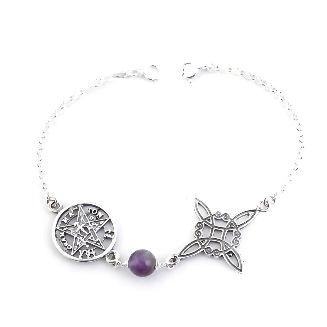 Pulsera Nudo de Bruja & Tetragramaton con Bola Amatista - S925 - Mystical Tienda