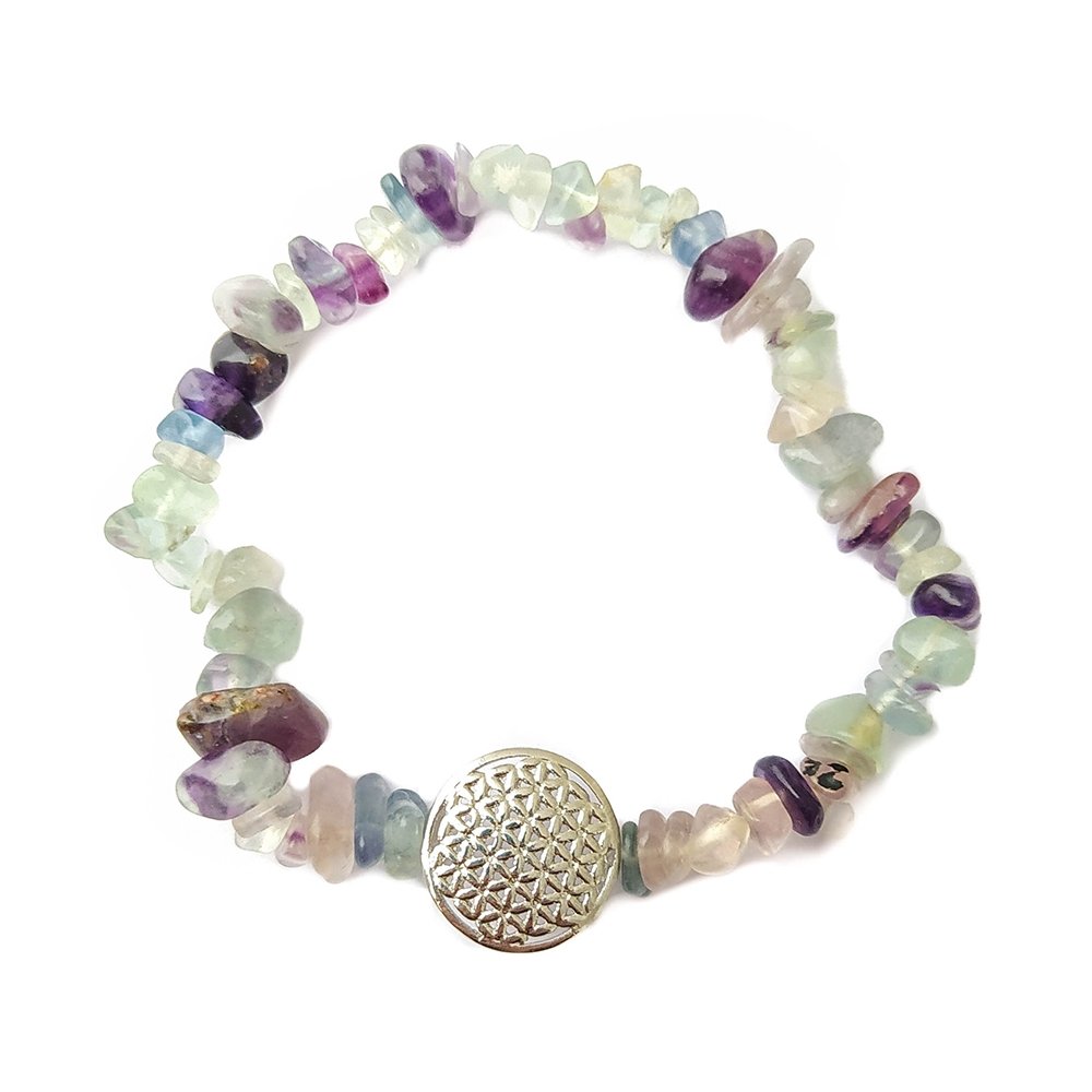 Pulsera Chip de Fluorita Arcoiris con Flor de la Vida - Mystical Tienda Esotérica y de Minerales