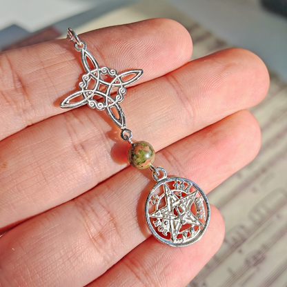 Colgante Nudo de Bruja & Tetragramaton con Bola de Unakita S925