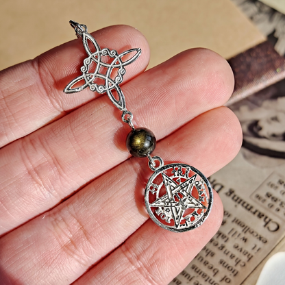 Colgante Nudo de Bruja & Tetragramaton con Bola de Obsidiana Dorada S925