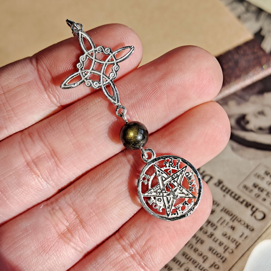 Colgante Nudo de Bruja & Tetragramaton con Bola de Obsidiana Dorada S925