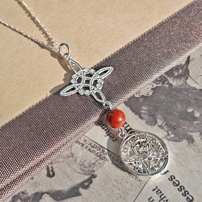 Colgante Nudo de Bruja & Tetragramaton con Bola de Jaspe Rojo S925