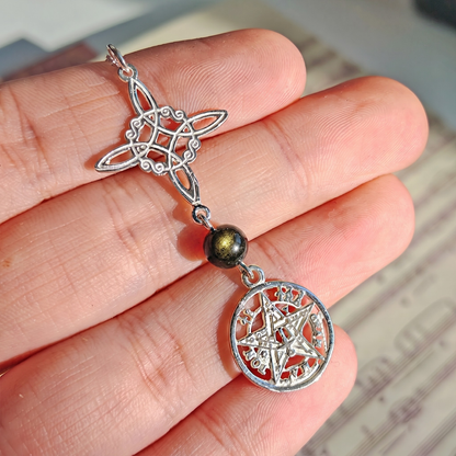 Colgante Nudo de Bruja & Tetragramaton con Bola de Obsidiana Dorada S925