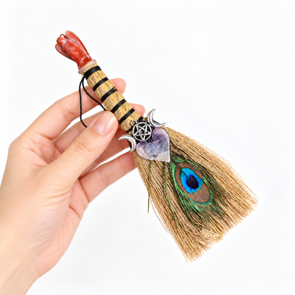 Escoba Ritual de Bruja – Amatista y Jaspe Rojo