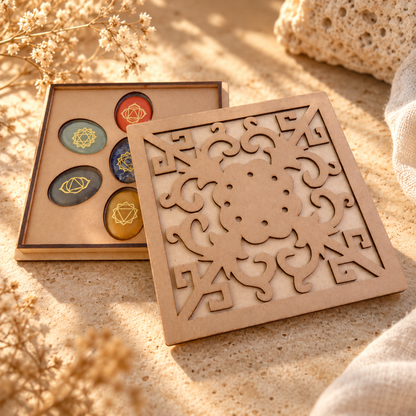 Kit 7 Chakras + Cajita de Madera Grabada con Cenefa Oriental