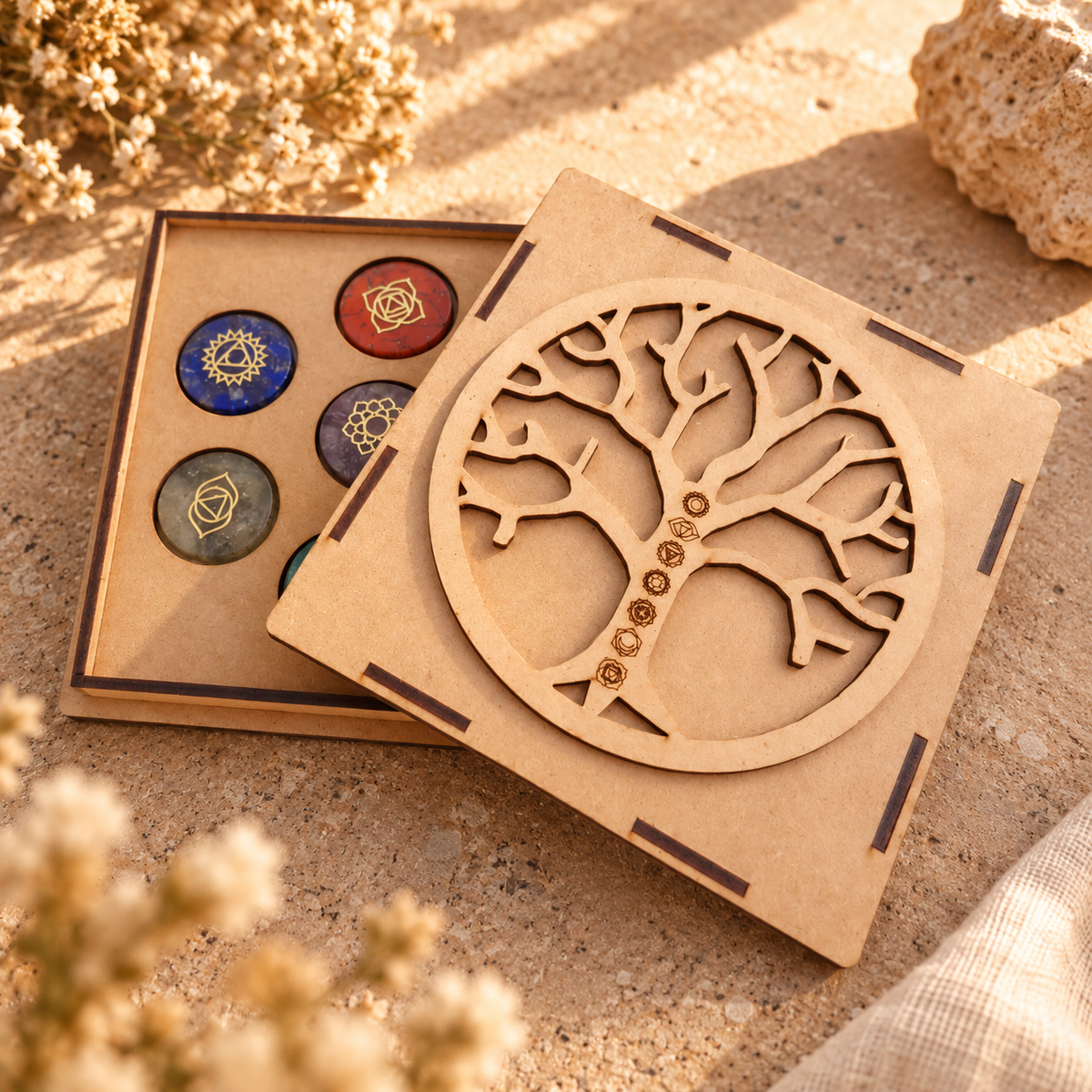Kit 7 Chakras + Cajita de Madera Grabada con Árbol de la Vida