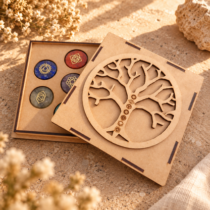 Kit 7 Chakras + Cajita de Madera Grabada con Árbol de la Vida