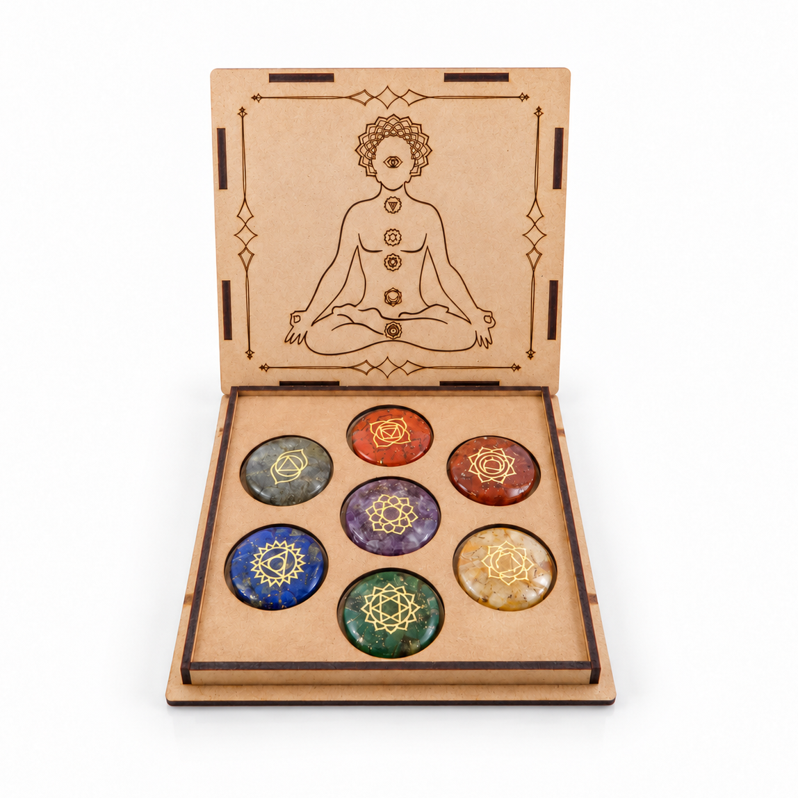 Kit 7 Chakras + Cajita de Madera Grabada con Despertar del Ser