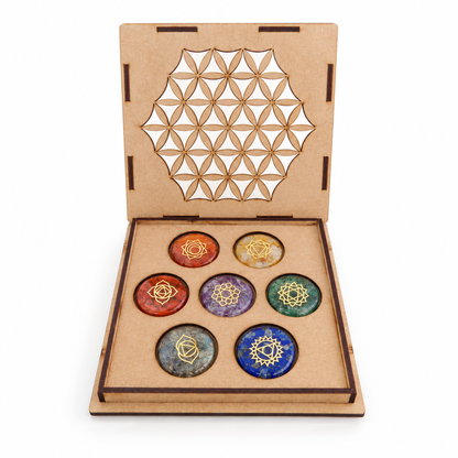 Kit 7 Chakras + Cajita de Madera Grabada con Flor de la Vida