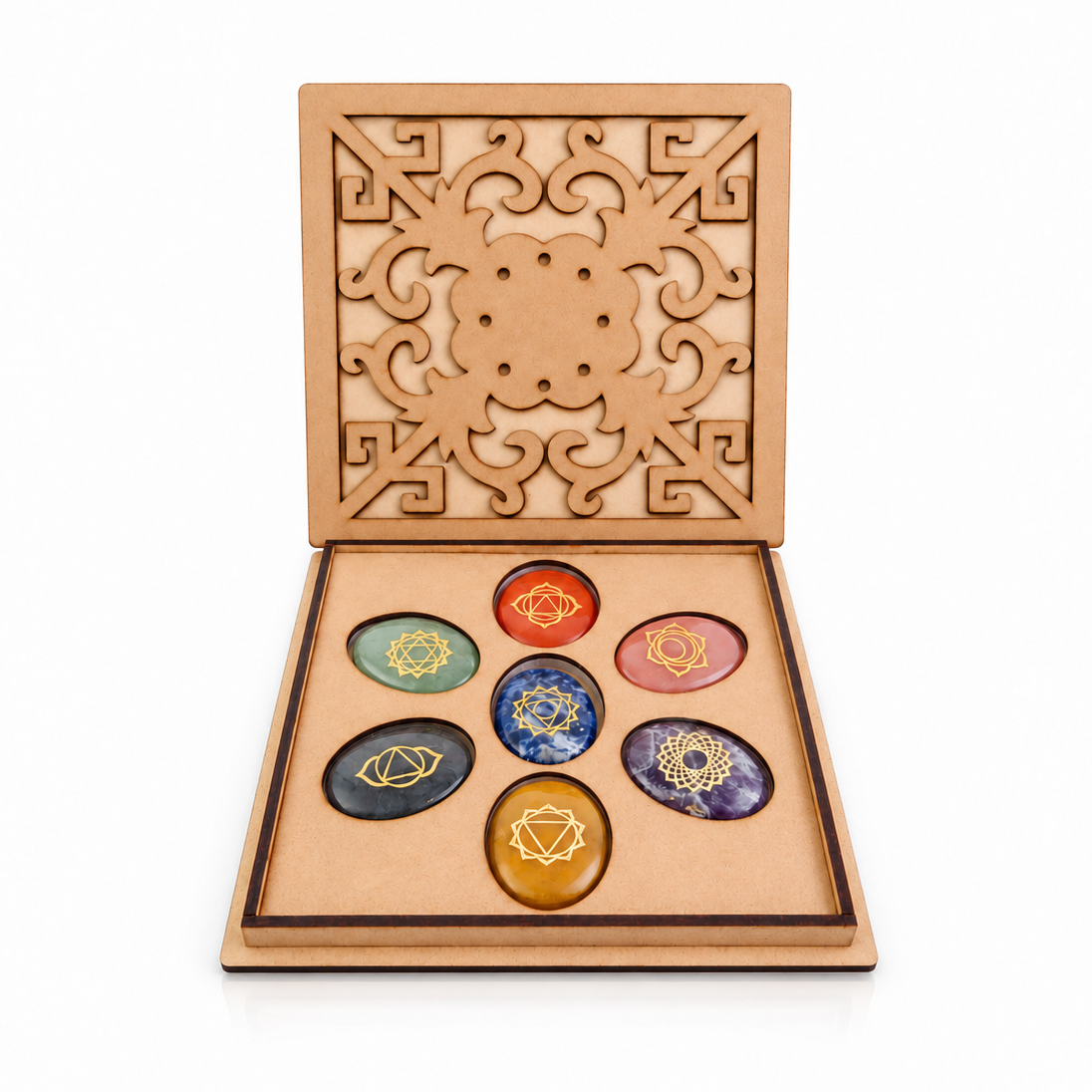 Kit 7 Chakras + Cajita de Madera Grabada con Cenefa Oriental
