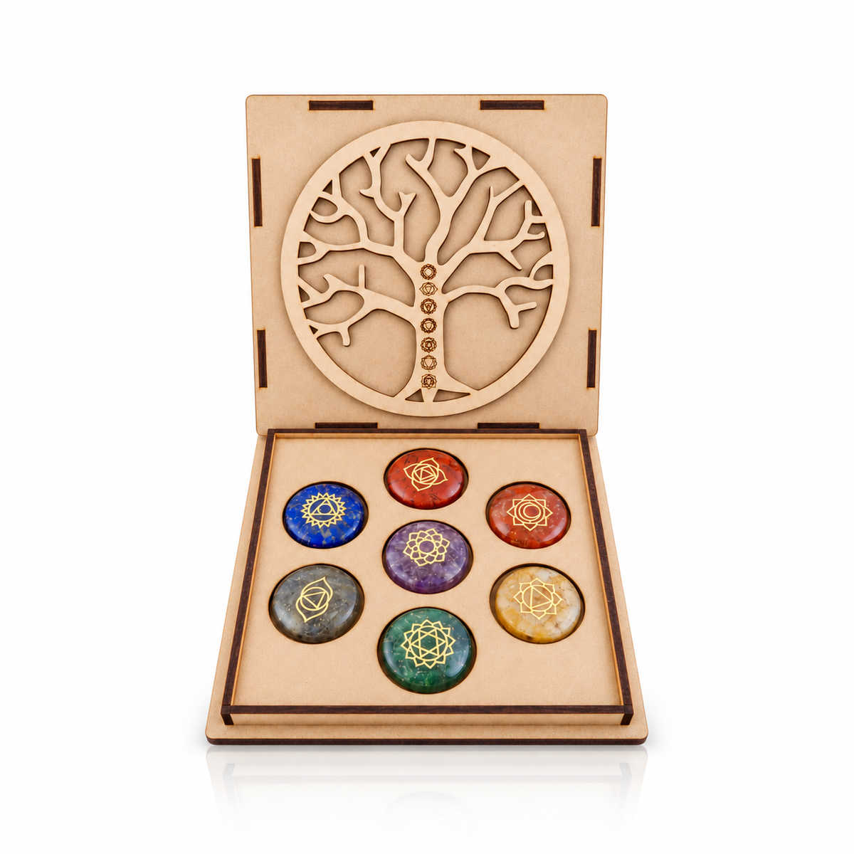 Kit 7 Chakras + Cajita de Madera Grabada con Árbol de la Vida