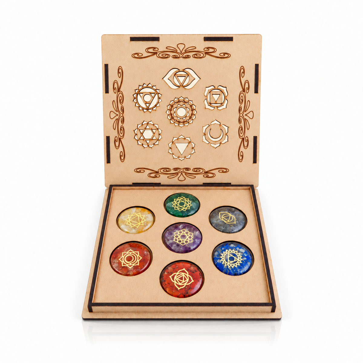 Kit 7 Chakras + Cajita de Madera Grabada con Símbolos