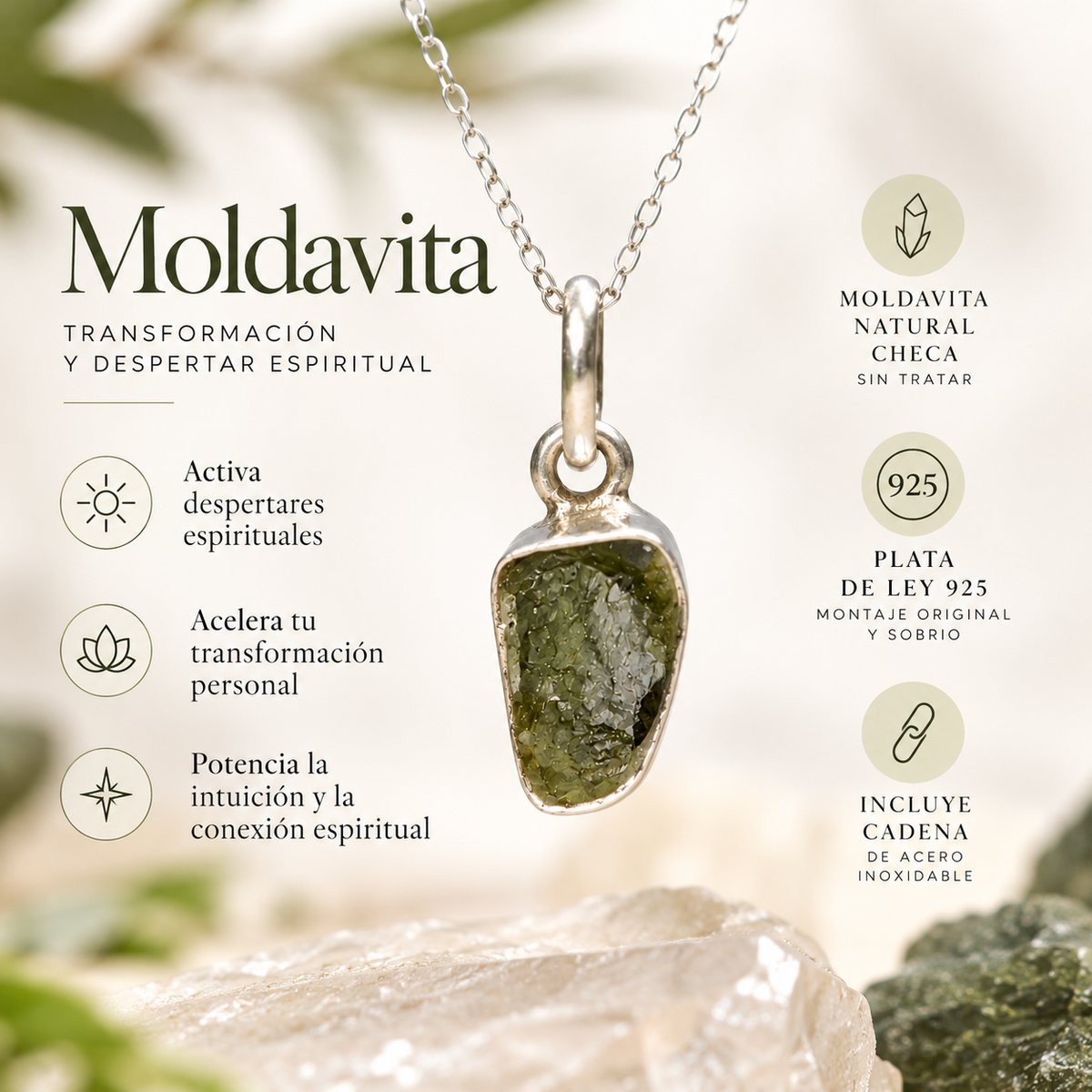 Colgante Moldavita - Montura de Plata de Ley 925