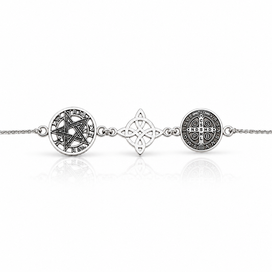 Pulsera Triple Protectora S925: Nudo de Bruja, Tetragramatón y San Benito