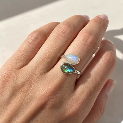 Anillo Doble Lágrima de piedra de luna y labradorita - Plata de Ley 925