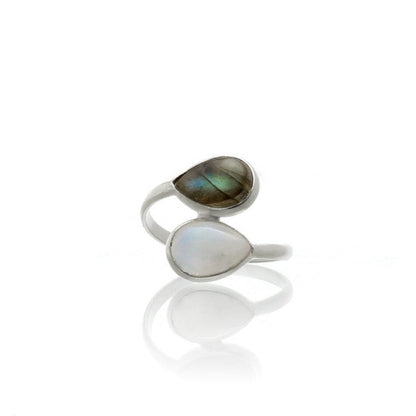 Anillo Doble Lágrima de piedra de luna y labradorita - Plata de Ley 925