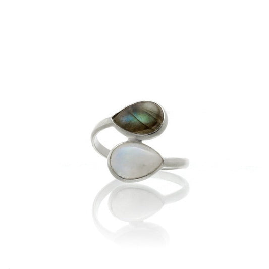 Anillo Doble Lágrima de piedra de luna y labradorita - Plata de Ley 925