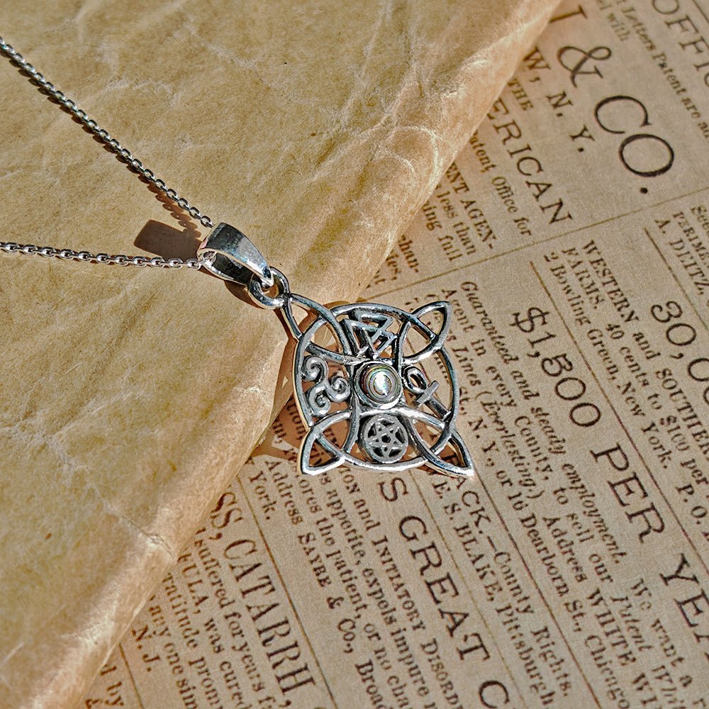 Colgante Nudo de Bruja con Abulón y Símbolos Sagrados - Plata de Ley 925 - Mystical Tienda