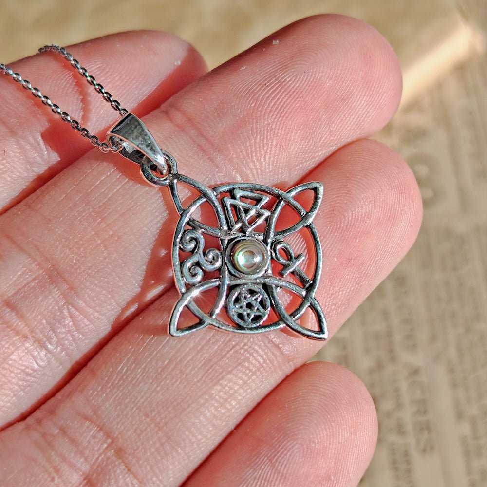 Colgante Nudo de Bruja con Abulón y Símbolos Sagrados - Plata de Ley 925 - Mystical Tienda