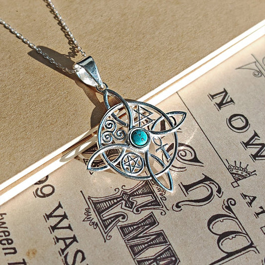 Colgante Nudo de Bruja con Howlita y Símbolos Sagrados - Plata de Ley 925 - Mystical Tienda