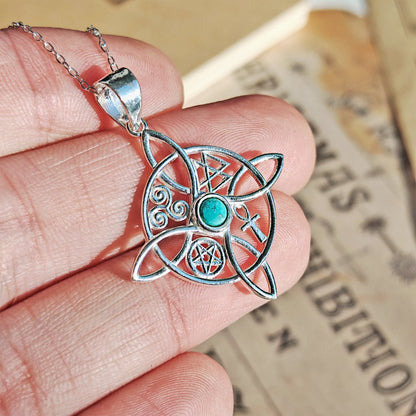 Colgante Nudo de Bruja con Howlita y Símbolos Sagrados - Plata de Ley 925 - Mystical Tienda