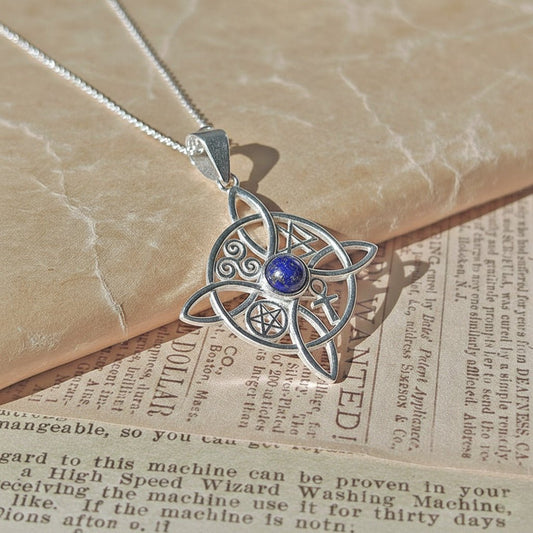Colgante Nudo de Bruja con Lapislazuli y Símbolos Sagrados - Plata de Ley 925 - Mystical Tienda