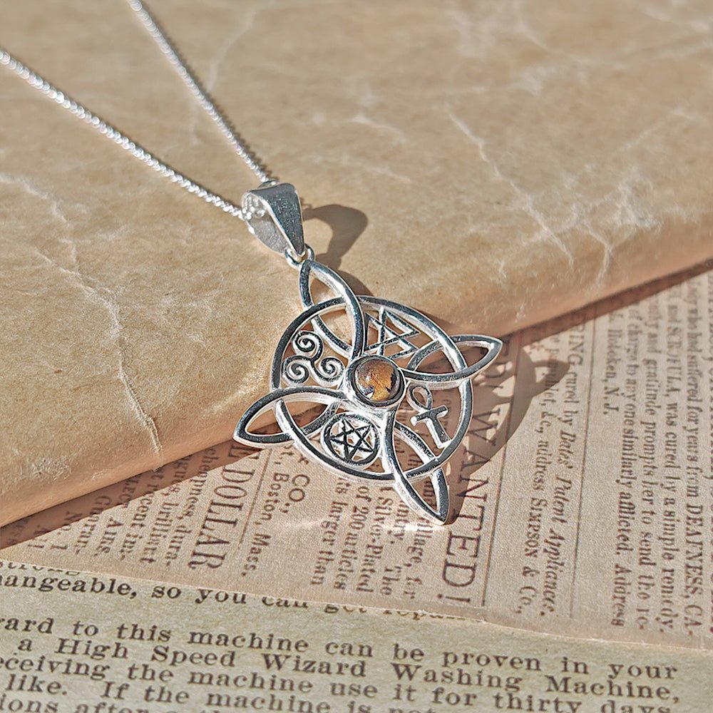 Colgante Nudo de Bruja con Ojo de Tigre y Símbolos Sagrados - Plata de Ley 925 - Mystical Tienda