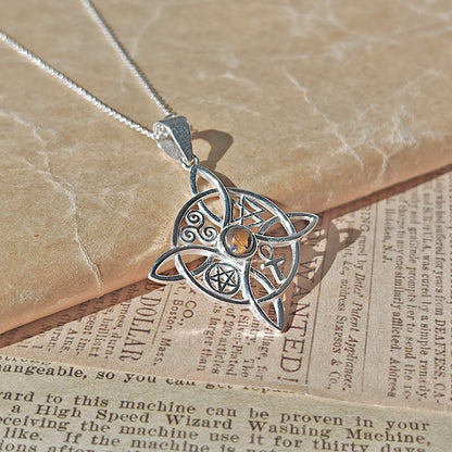 Colgante Nudo de Bruja con Ojo de Tigre y Símbolos Sagrados - Plata de Ley 925 - Mystical Tienda