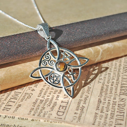 Colgante Nudo de Bruja con Ojo de Tigre y Símbolos Sagrados - Plata de Ley 925 - Mystical Tienda