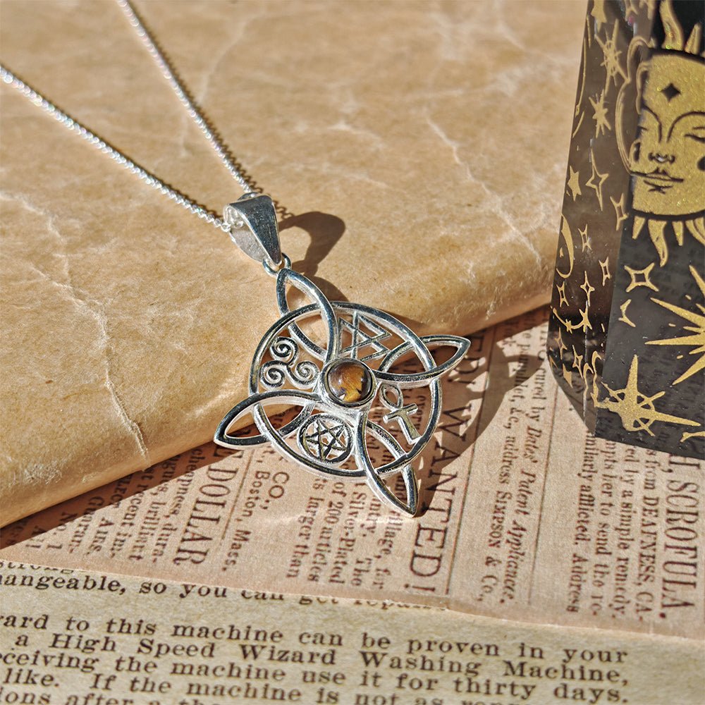 Colgante Nudo de Bruja con Ojo de Tigre y Símbolos Sagrados - Plata de Ley 925 - Mystical Tienda