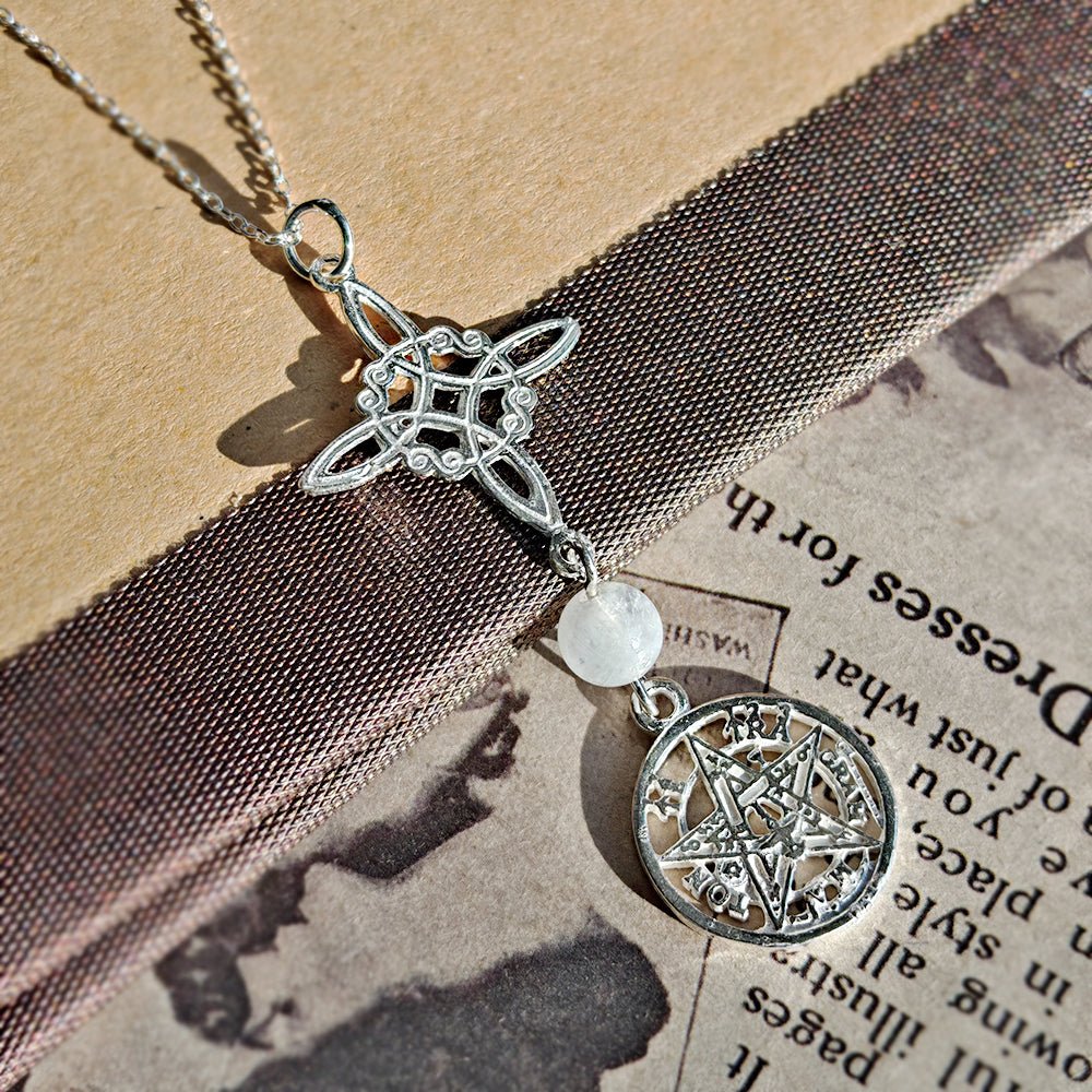 Colgante Nudo de Bruja & Tetragramaton con Bola Cuarzo Blanco - S925 - Mystical Tienda