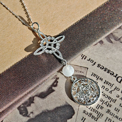 Colgante Nudo de Bruja & Tetragramaton con Bola Cuarzo Blanco - S925 - Mystical Tienda