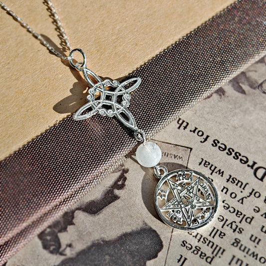 Colgante Nudo de Bruja & Tetragramaton con Bola Cuarzo Blanco - S925 - Mystical Tienda