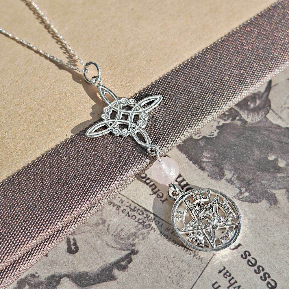 Colgante Nudo de Bruja & Tetragramaton con Bola Cuarzo Rosa - S925 - Mystical Tienda