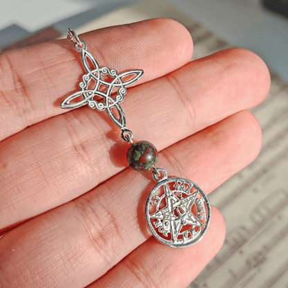 Colgante Nudo de Bruja & Tetragramaton con Bola de Jaspe Sangre de Dragón S925 - Mystical Tienda