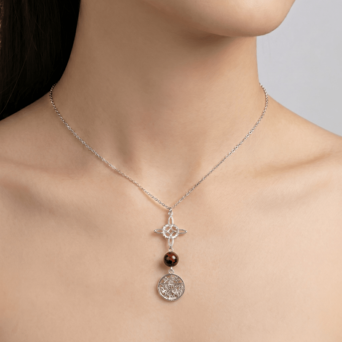 Colgante Nudo de Bruja & Tetragramaton con Bola de Obsidiana Caoba S925 - Mystical Tienda