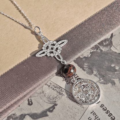 Colgante Nudo de Bruja & Tetragramaton con Bola de Obsidiana Caoba S925 - Mystical Tienda