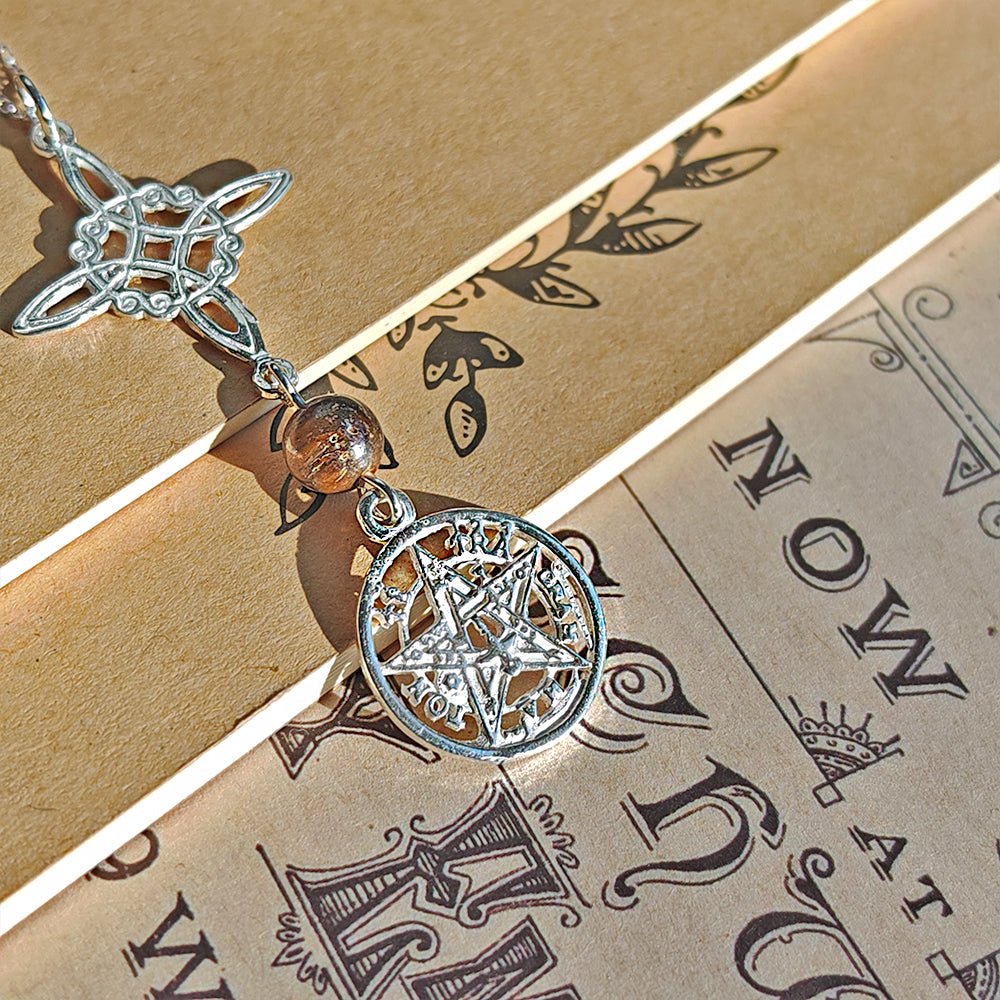Colgante Nudo de Bruja & Tetragramaton con Bola Ojo de Tigre - S925 - Mystical Tienda