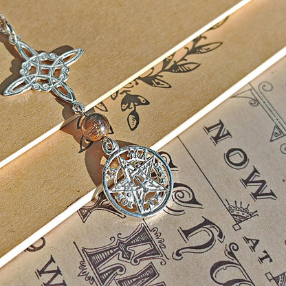 Colgante Nudo de Bruja & Tetragramaton con Bola Ojo de Tigre - S925 - Mystical Tienda