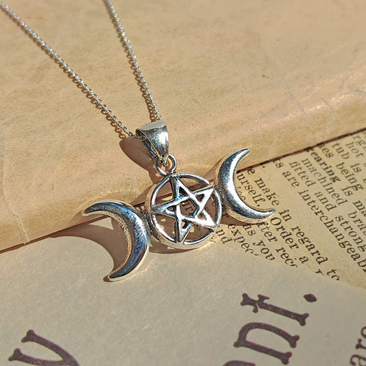Colgante Triple Luna con Pentagrama – Plata de Ley 925 - Mystical Tienda