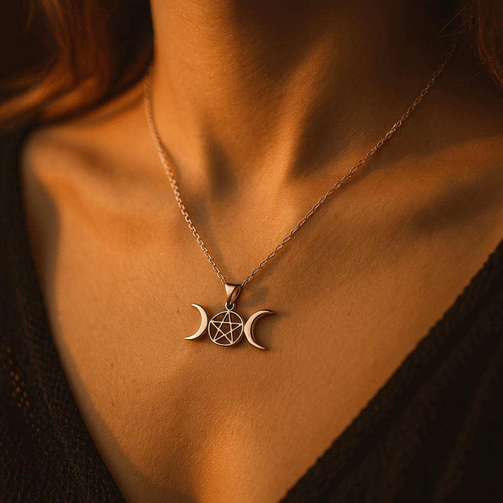 Colgante Triple Luna con Pentagrama – Plata de Ley 925 - Mystical Tienda