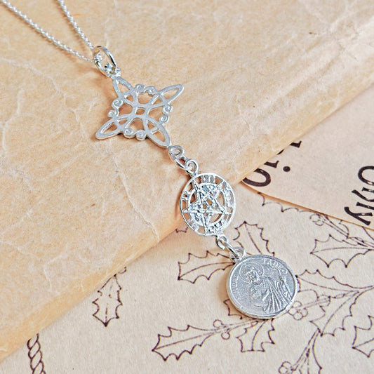 Colgante Triple Protector S925: Nudo de Bruja, Tetragramatón y San Judas Tadeo - Mystical Tienda