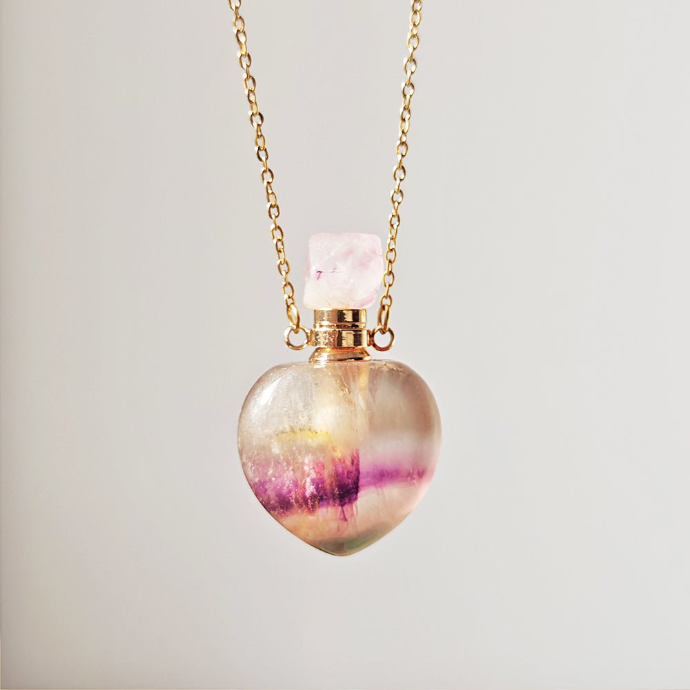 Collar Botella Mágica – Fluorita Arcoíris & Acero Inox. Dorado - Mystical Tienda