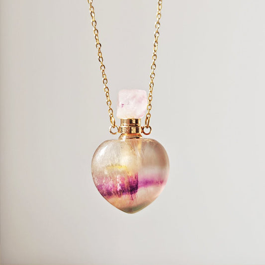 Collar Botella Mágica – Fluorita Arcoíris & Acero Inox. Dorado - Mystical Tienda